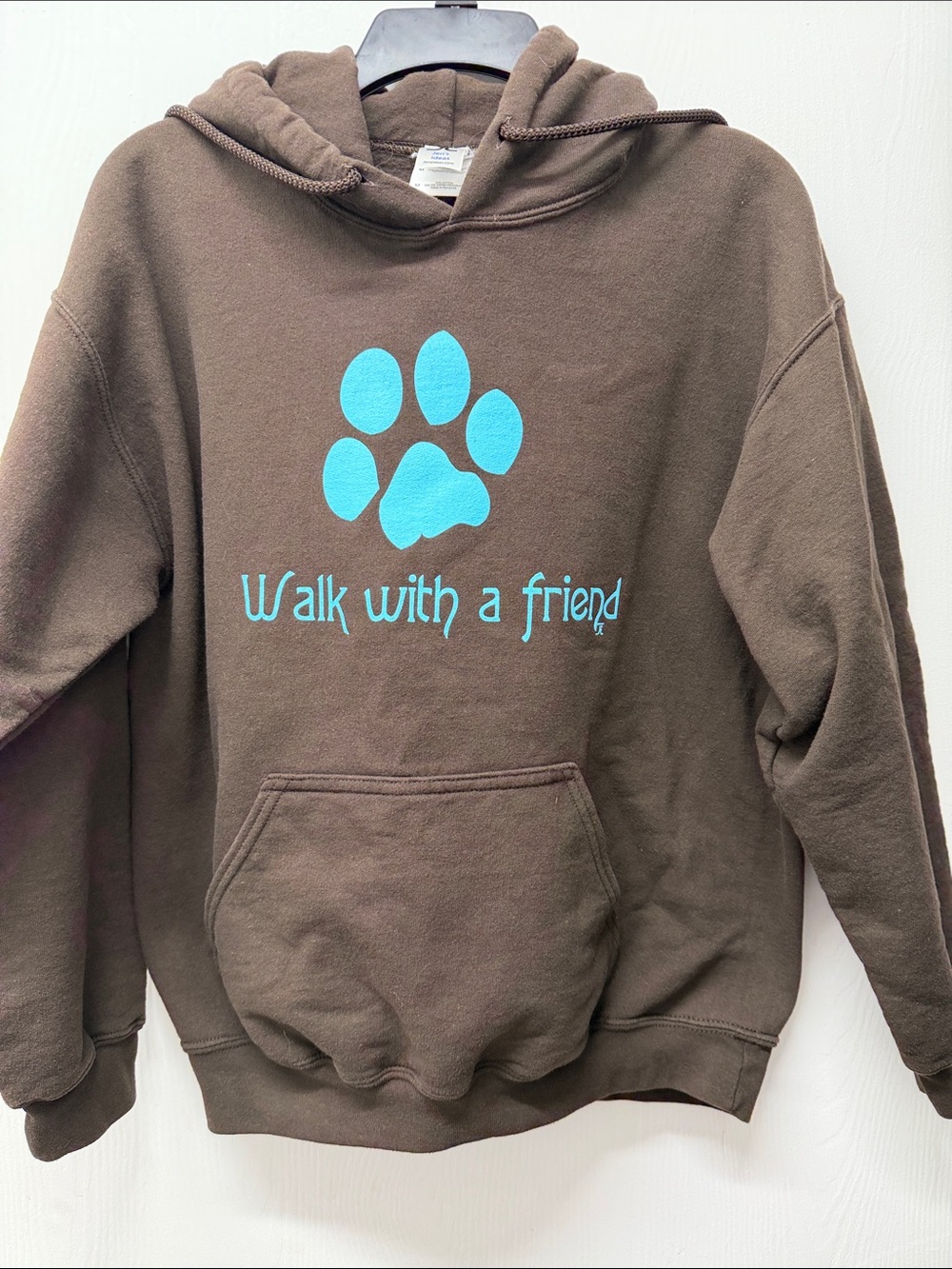 Brown Dog Hoodie with Teal Paw Graphic - Walk with a Friend